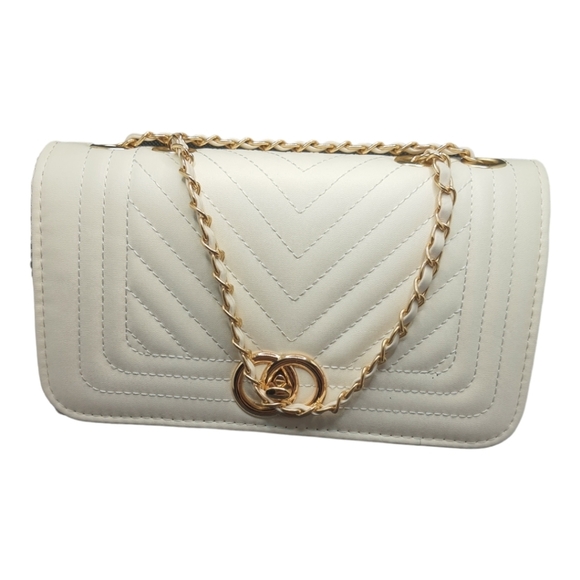 White Chevron Quilted Handbag Gold Tone Hardware - Picture 4 of 7